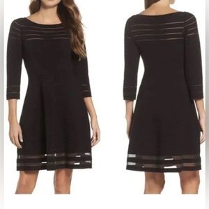 Eliza J mesh fit and flare dress 3/4 sleeve bateau neck black size small
